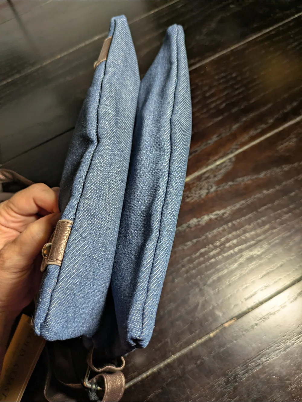 Gold Coast Denim Handbag Bag And Matching Watch - Blue with Brown Trim
